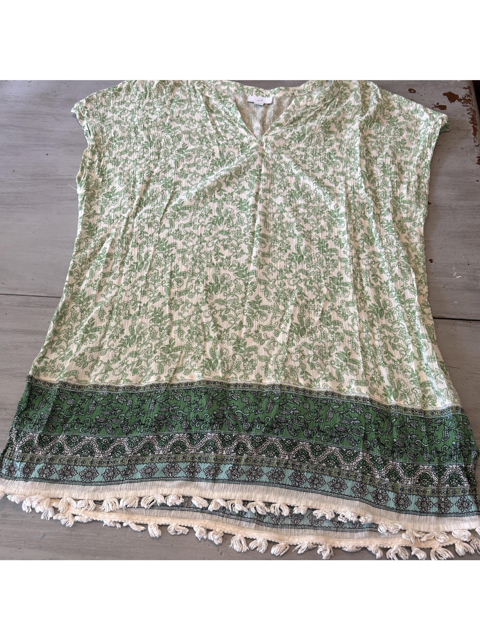J Jill Green Floral Paisley Fringe Hem Shirt Sz L Beachy Boho